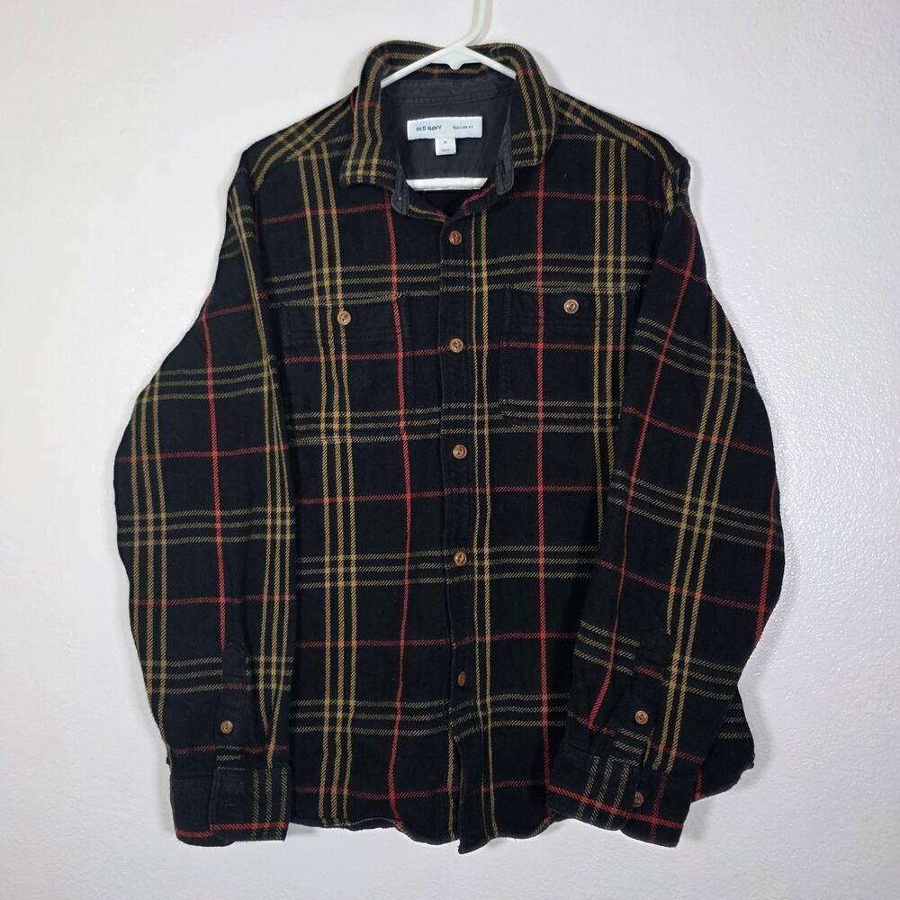 Old Navy Regular Fit Plaid Flannel Shirt Black Brown Men’s XL